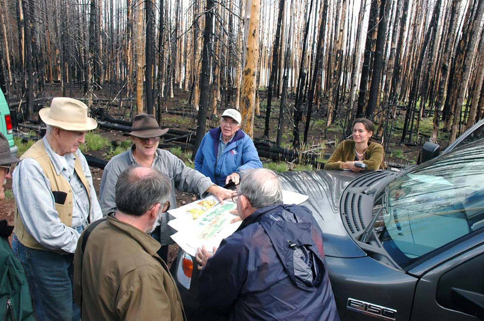 Foresters studying a map spread across a vehicle bonnet in a standing burn scar.