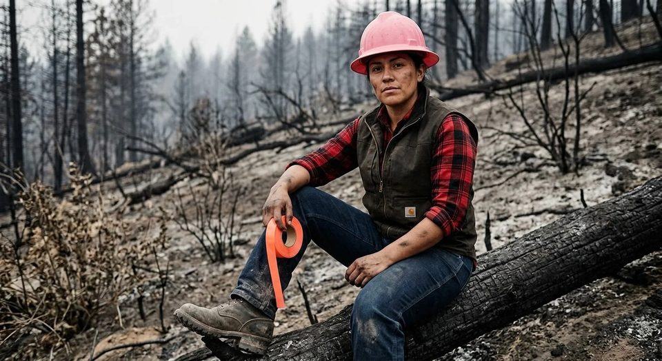 A forester in a hard hat seated among fallen timber in a burned-over stand.
